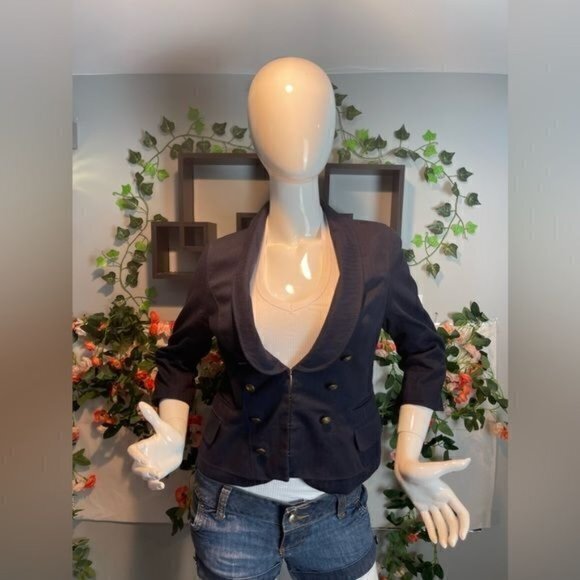 Ann Taylor LOFT Navy Cropped Blazer Jacket Double Breasted Brass Button 8 RefY20 - Picture 9 of 9